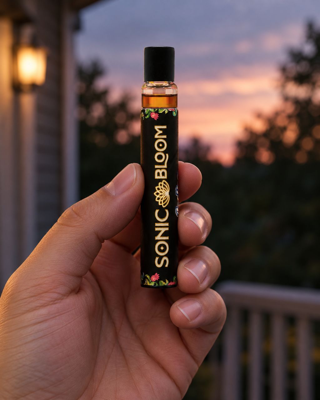 Hand holding Sonic Bloom Live Rosin Vape outdoors at dusk
