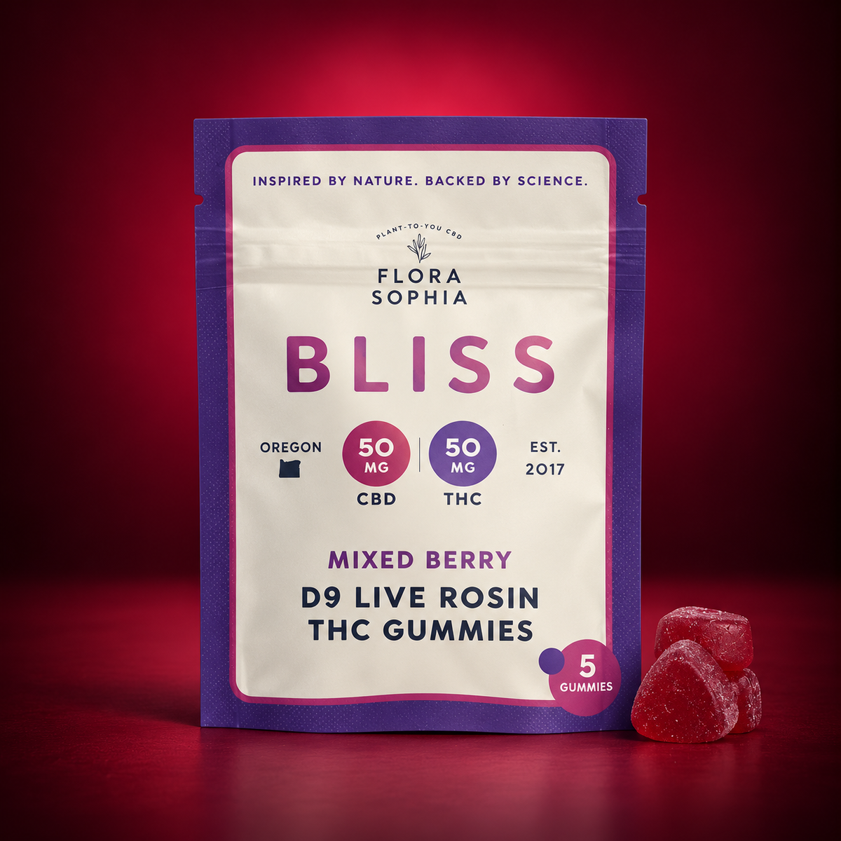 Flora Sophia - 5 Pack Gummies - Bliss THC +CBD Live Rosin 50mg/pack