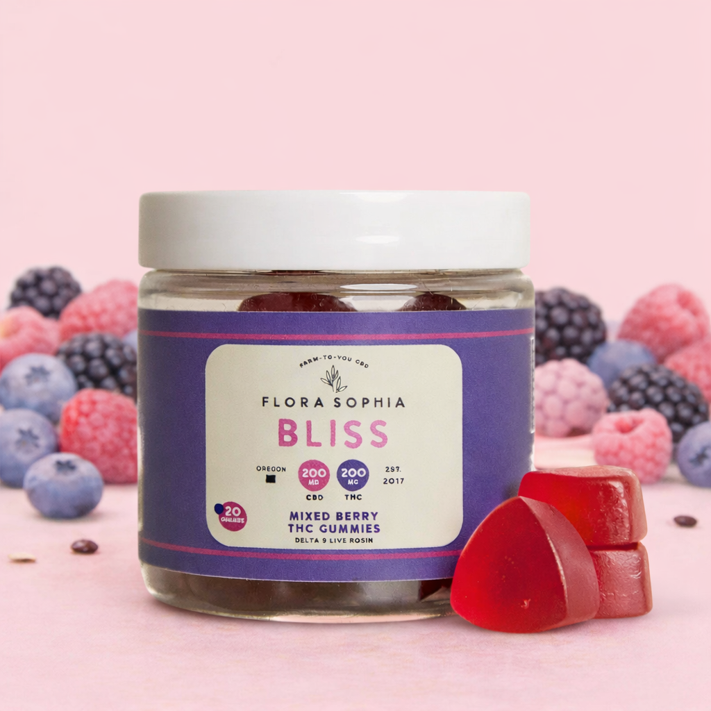 Flora Sophia D9 + CBD Live Rosin Bliss Gummies 10mg THC + 10 mg CBD 20ct