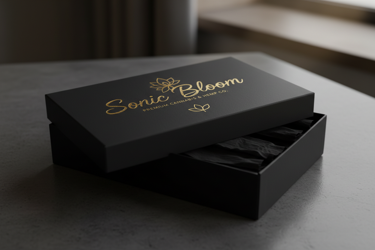 Can you make th company name SOnic Bloom and make the box black?