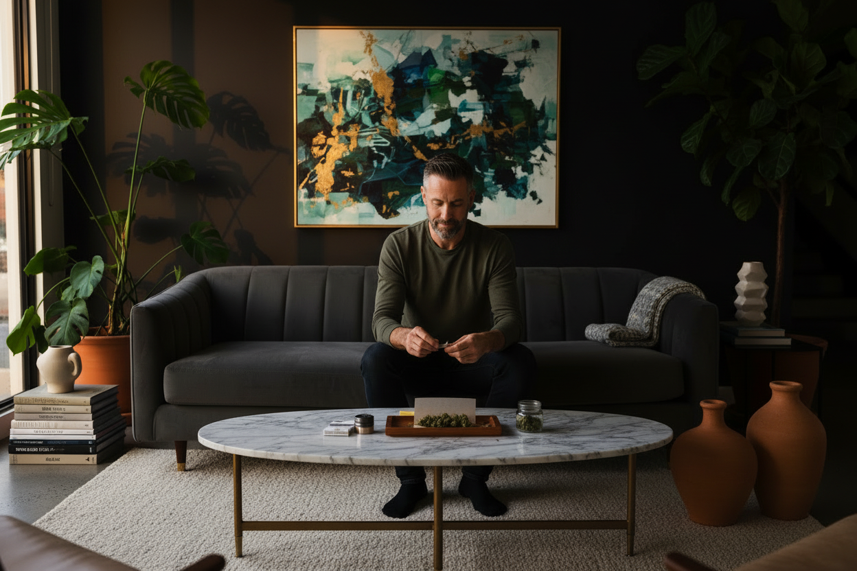 can you make this more moody with dark walls and nblack and white and terracota decor with plants