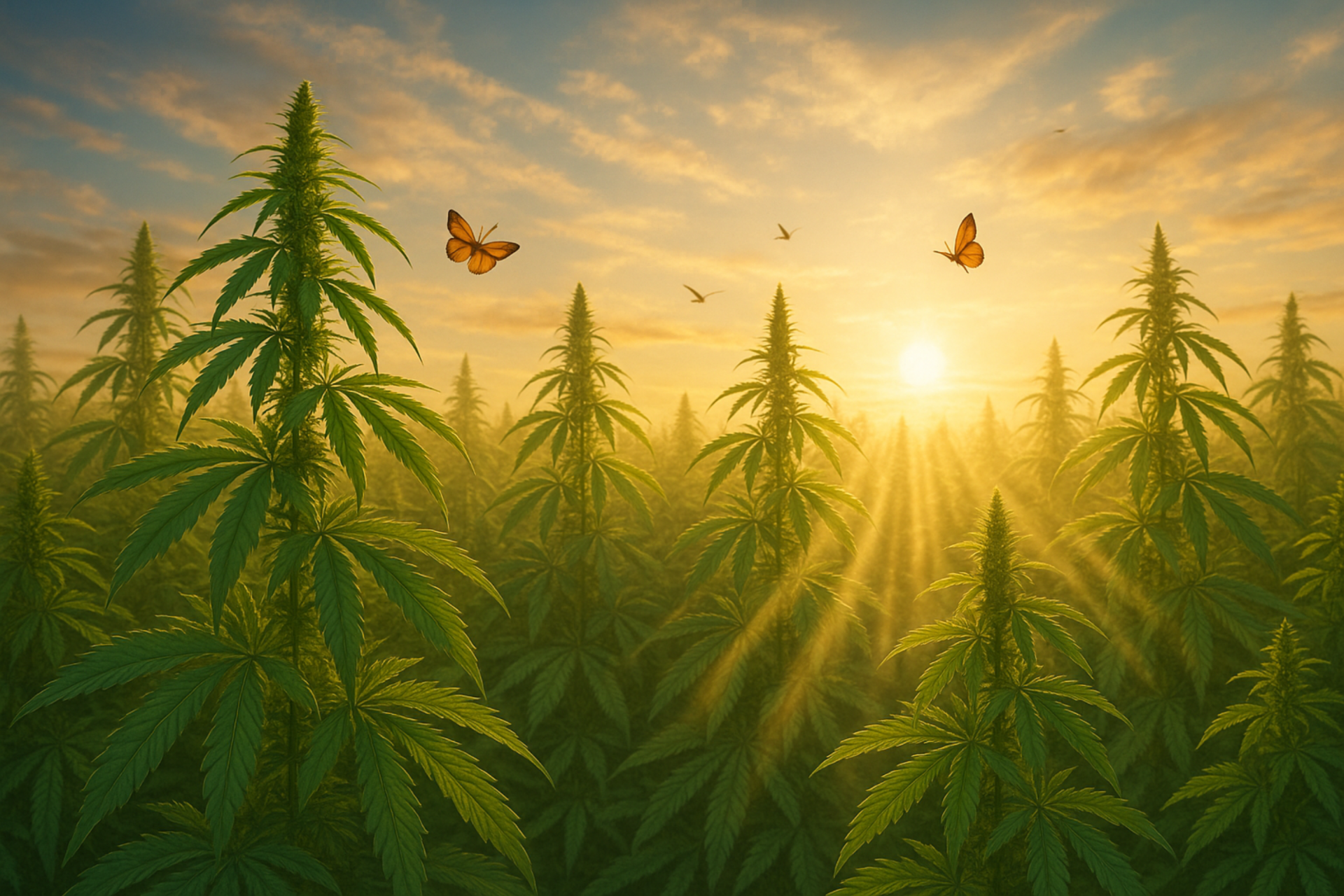 create an image that depicts thca flower, prerolls, concentrates in a hemp field with spiritual inspiration